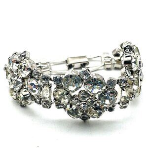 Vintage Rhinestone Cluster Panel Bracelet Silver Tone Glam Bling Sparkle Holiday